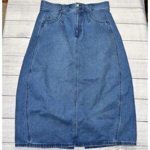 Pilcro Barrel Denim Midi Skirt Women's 10 Petite Anthropologie Belted Blue Jean